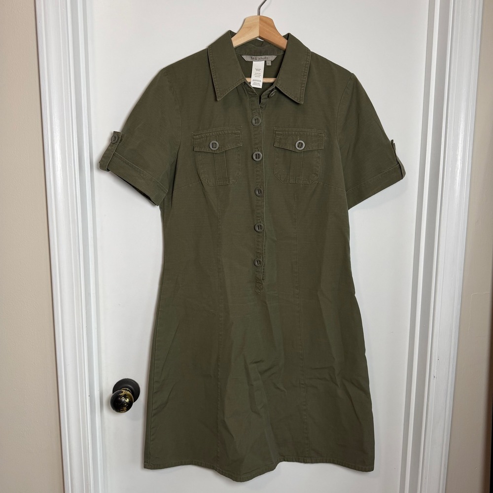 Olive Green‎ Cotton Cargo Utility Shirt Dress Tex by Max Azria Womens Size L